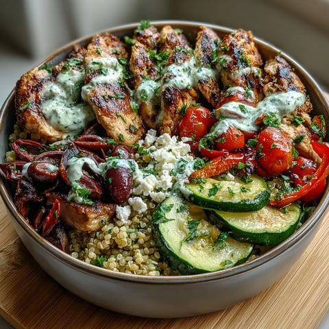 Charred zucchini, bell peppers, and eggplant mingle with chicken or halloumi over fluffy quinoa in a Healthy Grilled Mediterranean Bowl.