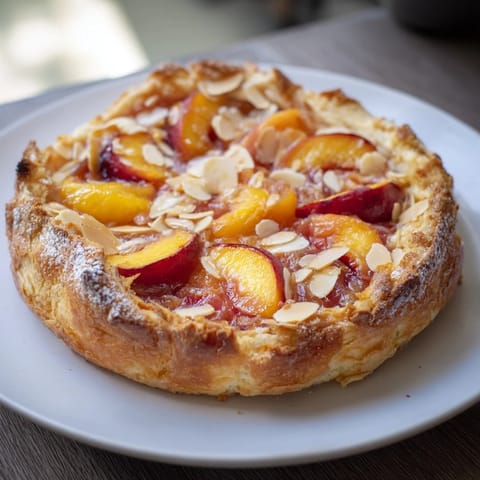 A warm Rustic Peach and Almond Tart: imagine ripe peaches nestled in a delicious almond filling.