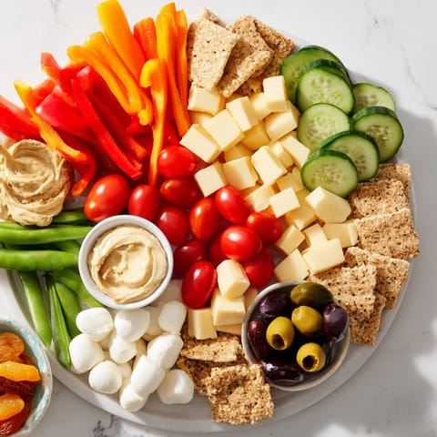 A beautifully arranged Veggie Snack Board – Adult Lunchable features vibrant vegetables, hummus and cheeses for a quick, healthy meal.