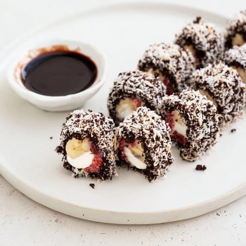 Delectable Oreo Cookie Sushi Rolls, sliced and presented with a dark chocolate soy dipping sauce.