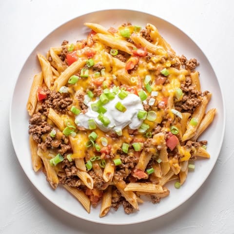 Golden, melted cheddar tops this One-Pot Taco Pasta, a quick and easy Tex-Mex meal.