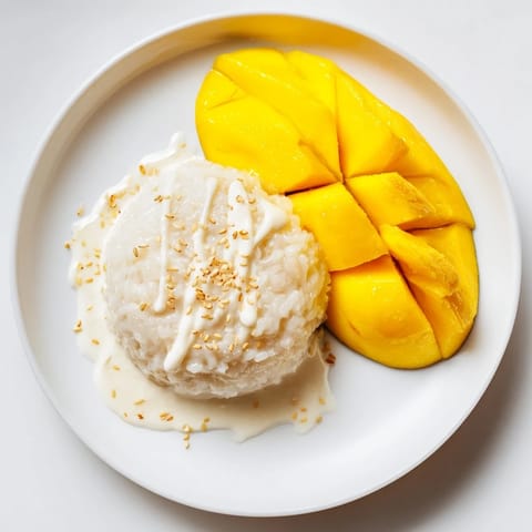 Creamy coconut-infused sticky rice paired with fresh mango, a classic Thai dessert photo.