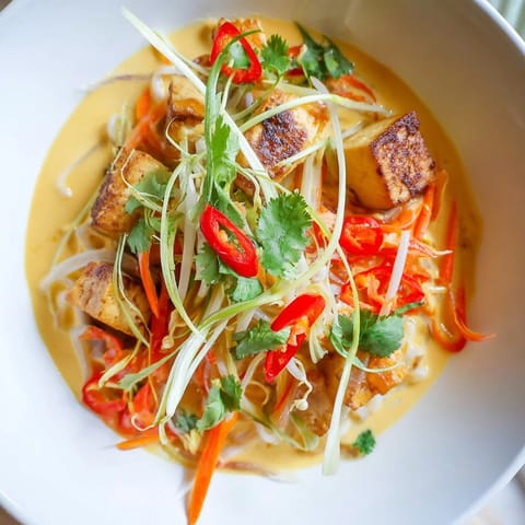 Fragrant Malaysian Laksa Curry, a vegetarian delight, showcasing colorful vegetables, creamy broth, and rice noodles.