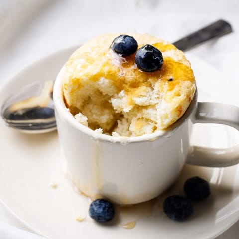 Golden-brown pancake made in a mug, drizzled with syrup and scattered with chocolate chips, ideal for a single breakfast.  