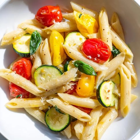 A close-up of Garden Veggie Pasta in a white bowl, featuring vibrant summer vegetables and a light glistening olive oil sauce.