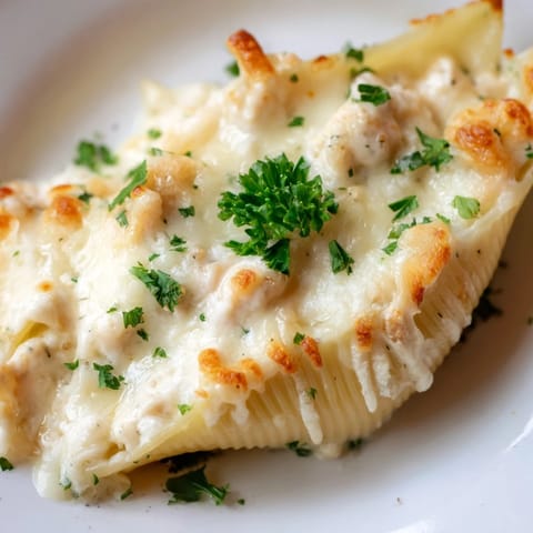 A close-up of Chicken Alfredo Stuffed Shells shows creamy ricotta and shredded chicken oozing from jumbo shells.