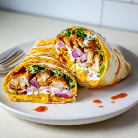 Two sliced halves of a Buffalo Ranch Chicken Wrap reveal layers of creamy ranch dressing, melted cheese, and crisp red onion, ready to be enjoyed. 