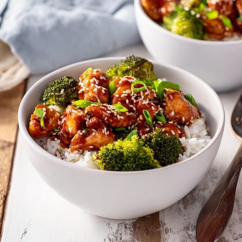 A vibrant Sweet Chili Chicken Bowl featuring juicy chicken, crisp broccoli, and aromatic jasmine rice.  