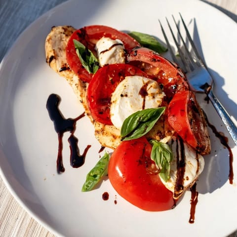 Caprese Chicken Skillet featuring tender chicken breasts layered with ripe tomatoes, fresh mozzarella, and a balsamic glaze.
