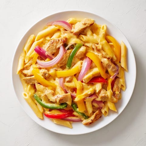 Steaming Fajita Chicken Pasta Skillet with melted cheddar and mozzarella, colorful peppers and onions in a creamy sauce.