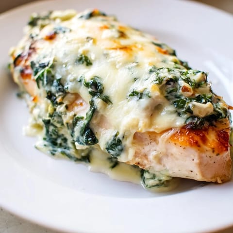 Tender chicken breasts coated in a creamy, cheesy spinach and artichoke Greek yogurt topping.  