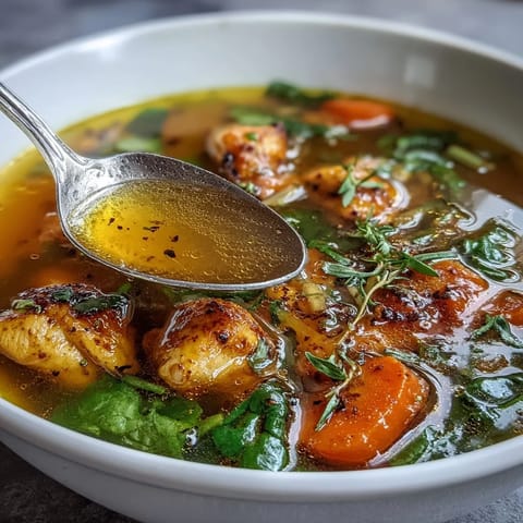 A close-up of Turmeric Chicken Soup with tender chicken, carrots, and wilted spinach, ready to enjoy on a chilly evening.  