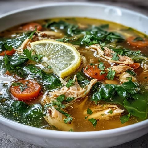 A close-up view of steaming High Protein Lemon and Turmeric Chicken Soup, featuring tender shredded chicken and bright yellow turmeric broth.