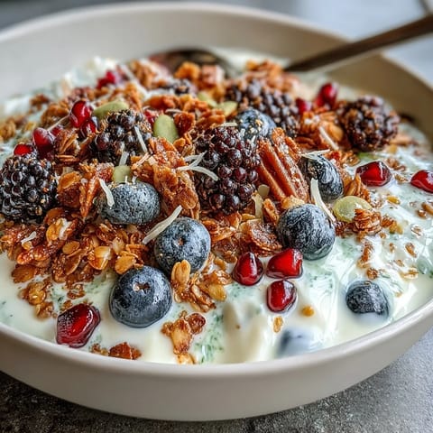 Close-up of a delicious Yogurt Bowl with Winter Berries and Spiced Crunch.