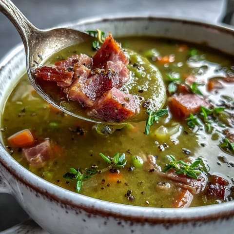 A close-up of a comforting bowl of Split Pea and Ham Soup garnished with fresh parsley and diced ham.