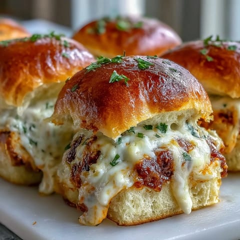 A close-up of cheesy Buffalo chicken pizza dip sliders on a plate, ready for a game day party.