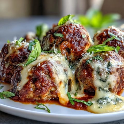 Cheesy, Garlicky Meatballs With Marinara bake to a bubbly, golden finish in a skillet, ready to be served alongside spaghetti or crusty bread.