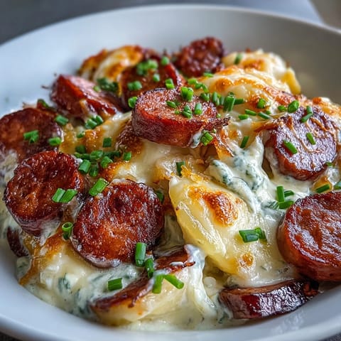Hearty Crockpot Pierogi Casserole With Kielbasa steams in a slow cooker, layered with onions and cheese.  