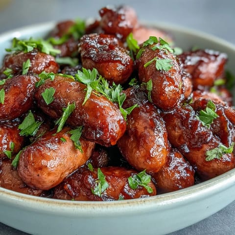 Tender Little Smokies in a tangy Crock Pot BBQ Cocktail Sausage glaze, served warm with toothpicks.