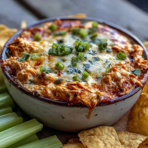 Serving warm Crock Pot Buffalo Chicken Dip with crunchy celery sticks, carrot sticks, and blue corn tortilla chips.