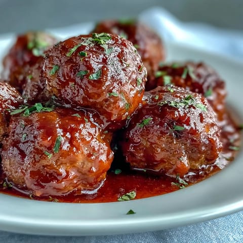 Golden meatballs coated in apricot preserves and soy sauce fill a slow cooker, ready to serve over fluffy white rice.  