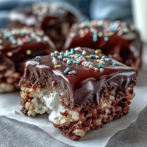 Freshly cut squares of Chocolate Covered Rice Krispy Treats stacked on a white plate, a perfect sweet snack for bake sales or a family movie night.