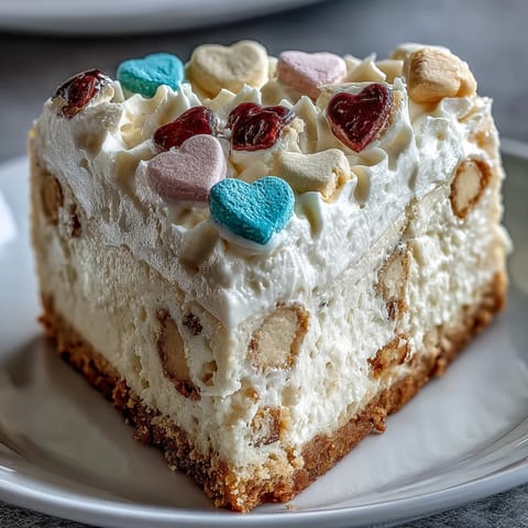A whole Candy Hearts Fake Cake on a marble board, thick whipped frosting covered in crunchy conversation hearts and rainbow sprinkles, ready to serve.