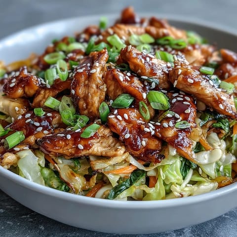 A close-up of Egg Roll Bowls with Chicken and Cabbage shows glossy soy-sesame sauce coating vegetables in a hearty low-carb dinner.