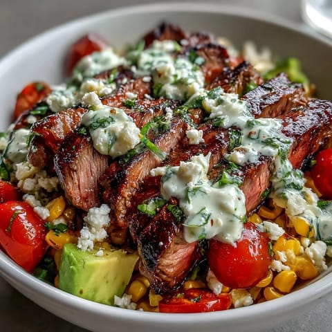 Sliced steak, creamy avocado, and charred corn in a Tex-Mex dinner bowl.