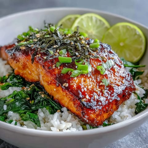 A nourishing miso glazed salmon bowl garnished with green onions, sesame seeds, and bright lime wedges.