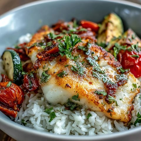 A close-up view of a finished Pan-Seared Fish Bowl, showcasing golden, crispy fish fillets, perfectly roasted bell peppers, and a fresh parsley garnish.