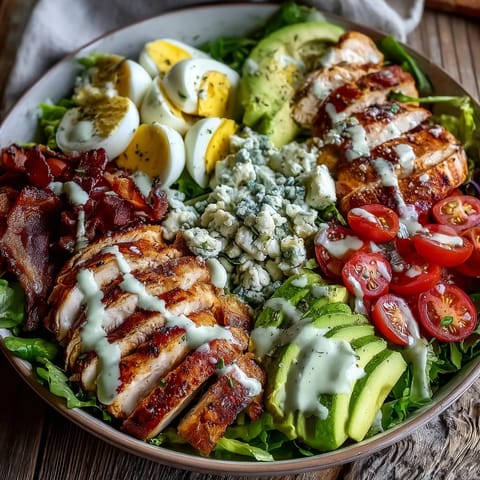 Hearty Cobb Salad Bowl with grilled chicken, bacon, avocado, tomatoes, and hard-boiled eggs drizzled with ranch dressing.  