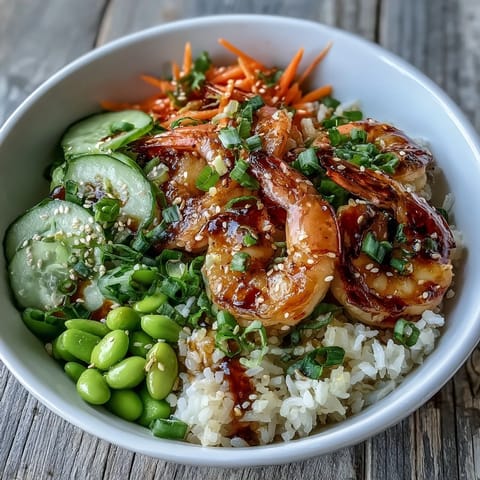A vibrant Asian shrimp bowl showcases juicy grilled shrimp on fluffy rice with crisp vegetables and a glossy ginger-sesame dressing.