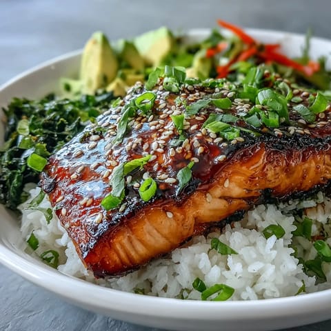Soy Ginger Salmon Bowl with flaky glazed salmon, fluffy rice, and crisp Asian vegetables topped with avocado and sesame seeds.
