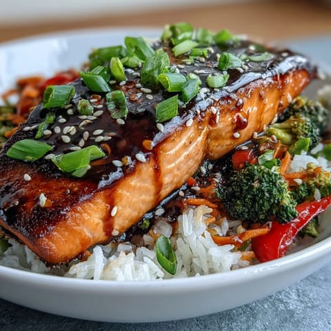 Overhead view of a colorful teriyaki salmon bowl featuring glazed salmon, crisp broccoli, bell peppers, and carrots over steamed rice.