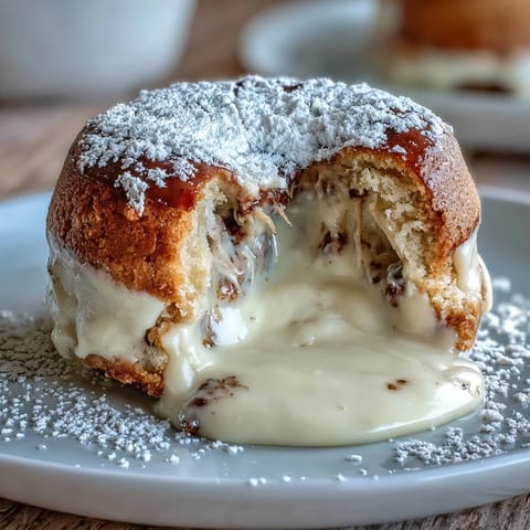 Sliced Hojicha White Chocolate Lava Cake revealing a gooey roasted green tea center, served with fresh raspberries and a dusting of powdered sugar.
