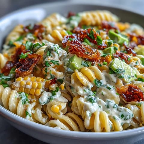 A forkful of Creamy Street Corn Pasta Salad showcasing roasted corn, spicy cheddar, and avocado on romaine.