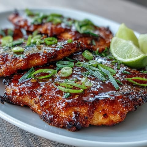 Sliced Thai Sweet Chili Chicken reveals juicy, tender meat beneath a sweet and tangy glaze, garnished with green onion and lime for a bright finish.
