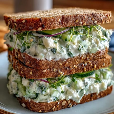 Chilled cucumber salad mixture with Greek yogurt and herbs stacked between hearty whole-grain bread slices.
