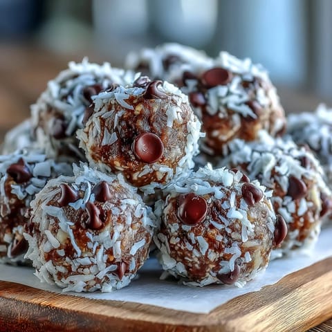 Freshly rolled Moose Bites made with chocolate chips, coconut, and sweetened condensed milk.