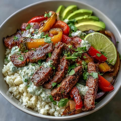 A close-up of a low-carb Steak Fajita Bowl topped with creamy avocado slices, fresh cilantro, and a drizzle of sour cream.