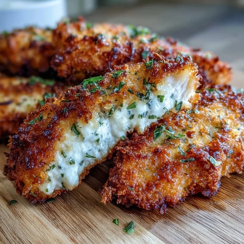 Golden-brown Crispy Panko Ranch Chicken Tenders rest on a wire rack, revealing a savory ranch-seasoned crust baked to perfection.