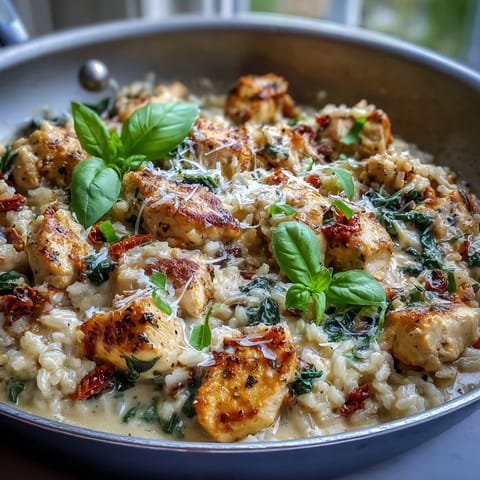 A creamy garlic-Parmesan Creamy Tuscan Chicken Rice Skillet garnished with fresh basil and wilted spinach.
