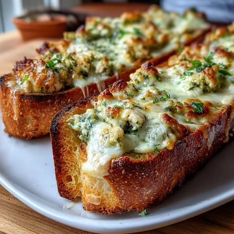 Fresh basil garnish tops these Pesto Chicken Garlic Bread Boats served warm for game day.