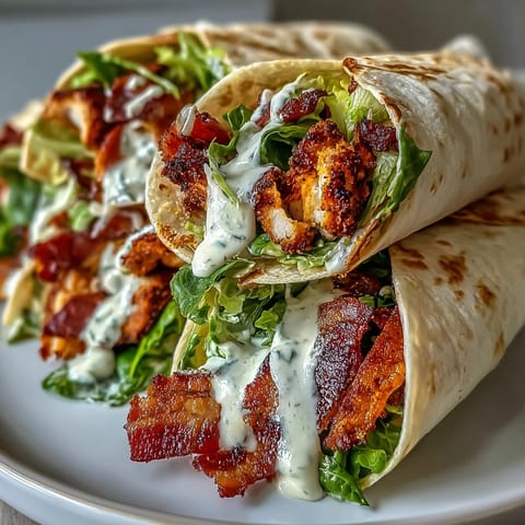 Freshly prepared Crispy Chicken Bacon Caesar Wraps on a rustic wooden table, ready for a hearty lunch or dinner.
