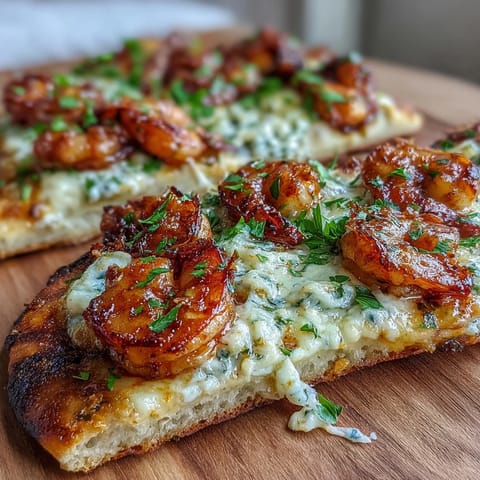 A close-up of a Garlic Butter Shrimp Naan Pizza slice, showcasing juicy shrimp and melted cheese.