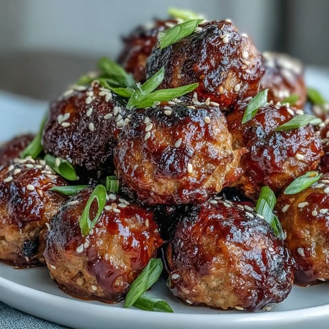 Golden-brown Spicy Chili Honey Turkey Meatballs glisten with a sticky glaze, topped with fresh cilantro and sesame seeds.