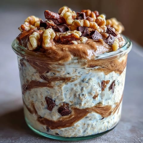 Two jars of Chunky Monkey Protein Overnight Oats with creamy texture, banana slices, walnuts, and mini chocolate chips.