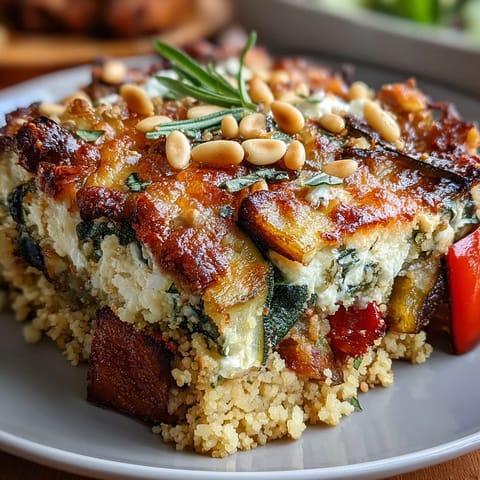 Golden roasted vegetables and creamy feta cheese top this baked Roasted Veggie & Feta Couscous Bake, straight from the oven.