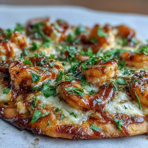 Fragrant garlic butter shrimp melt into gooey mozzarella on this Garlic Butter Shrimp Naan Pizzas recipe, served hot.